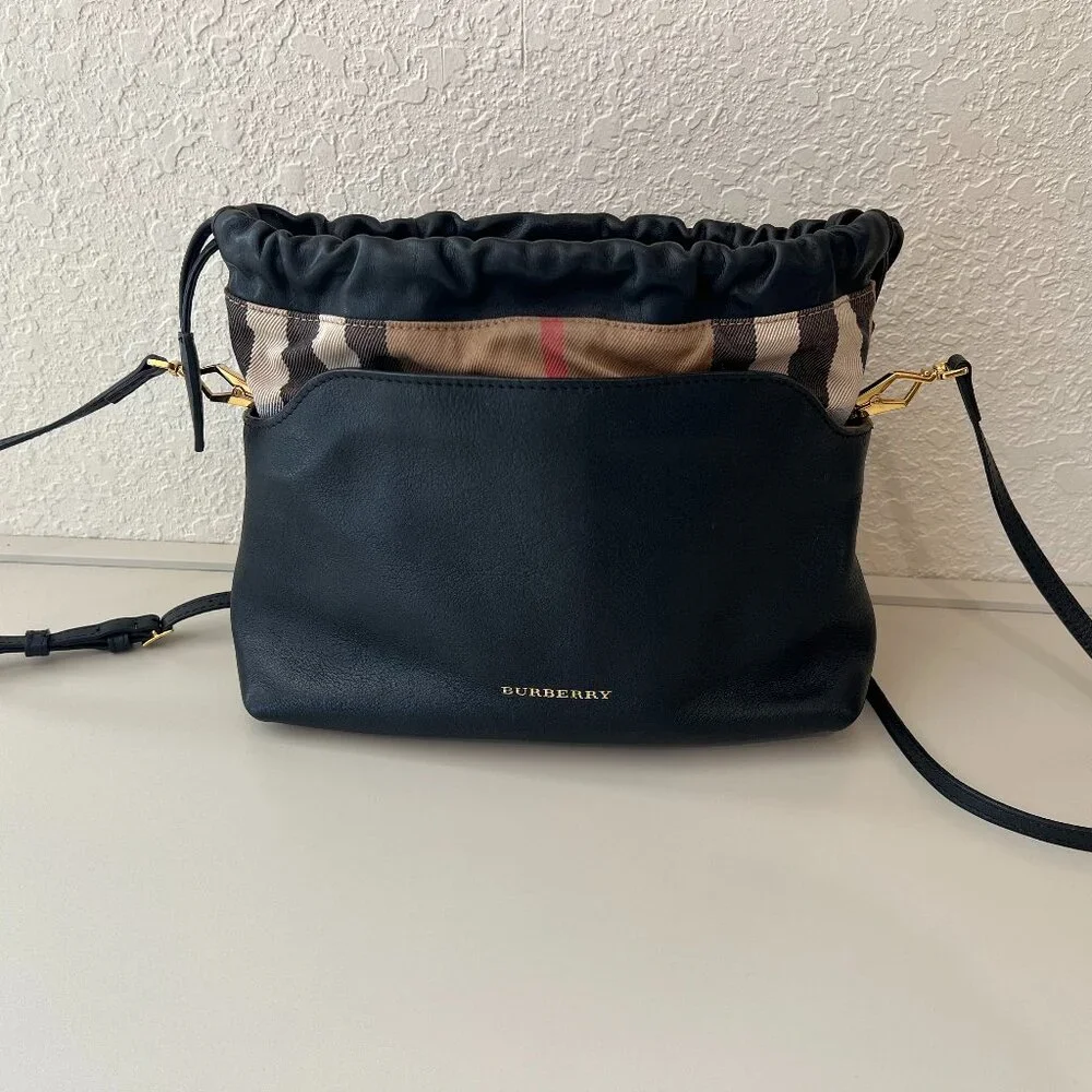Burberry Peyton Navy Leather House Check Drawstring Crossbody - Picture 3 of 7